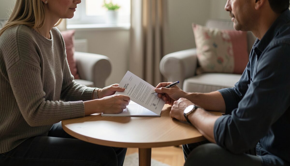 Two people seated across a small table in a living room, one holding a written consent form and a pen.