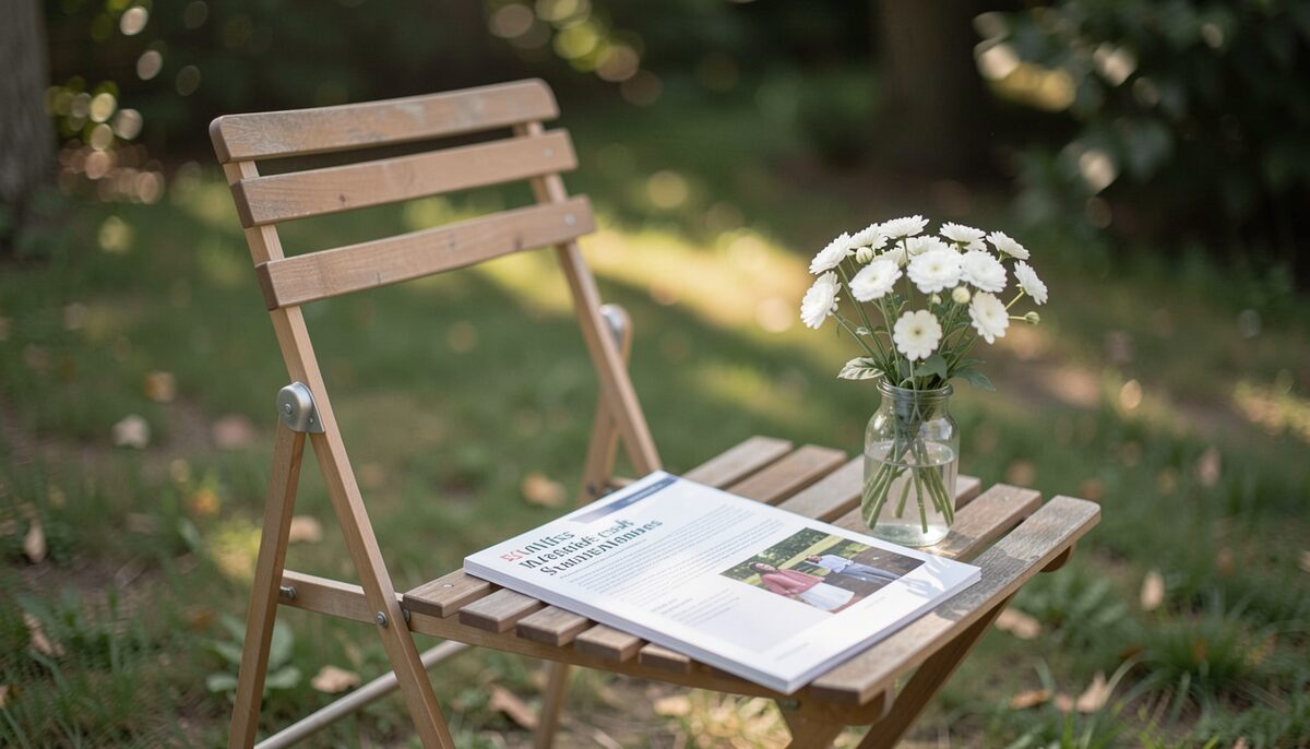 A printed programme resting on a folding chair beside a small vase of white flowers outdoors.