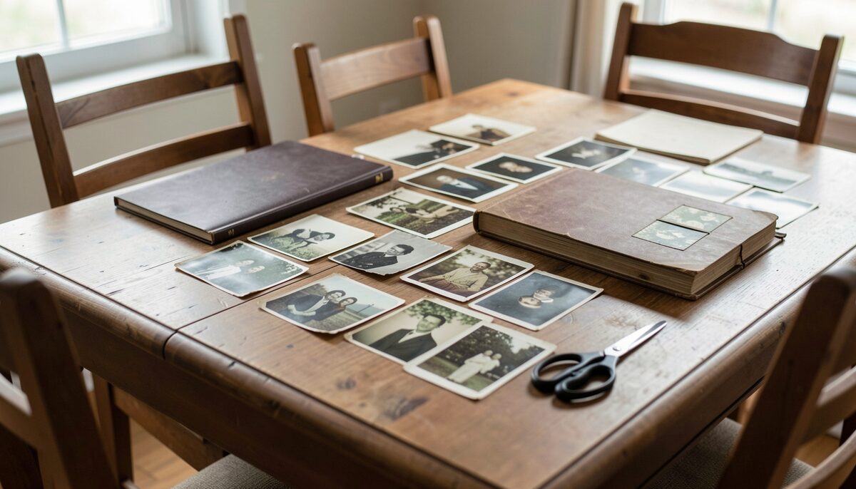A dining table covered with old photographs, an archival album, and a small pair of scissors in daylight.