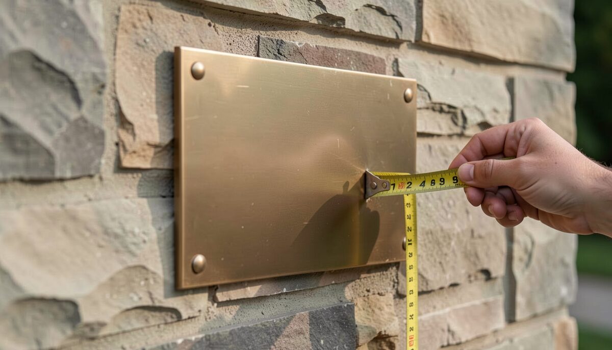 A blank bronze plaque on a stone wall being measured by a hand holding a tape measure.