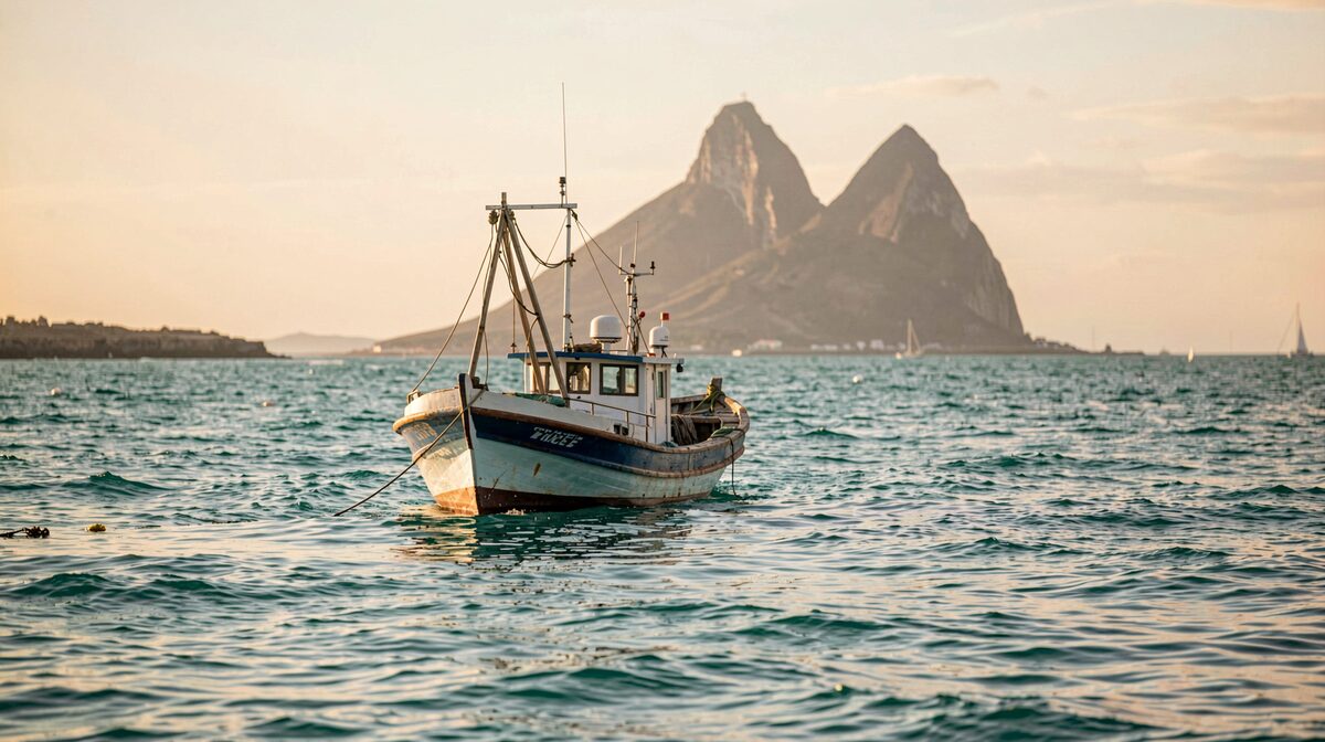 A small fishing boat moored at dawn in the Emerald Sea near Diégo-Suarez, with the Sugarloaf landmark in the background, shot from low on the water in soft morning light.