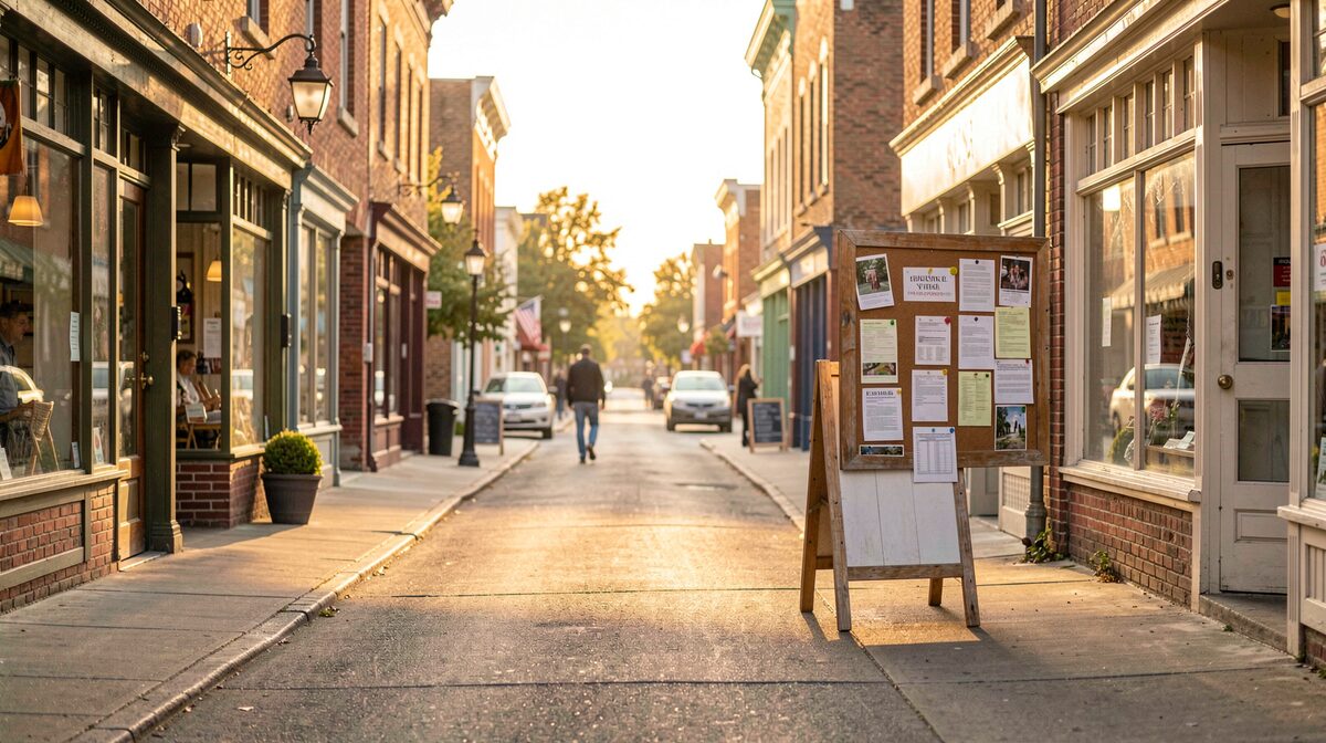 A small-town main street at golden hour, shopfronts and a notice board in frame, shot straight on