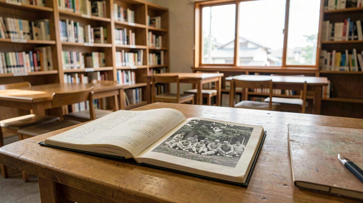 A quiet public library reading room in a Japanese town in soft morning light, an open local history notebook and an old black-and-white photograph of volunteers resting on a wooden table, framed in a medium close shot.