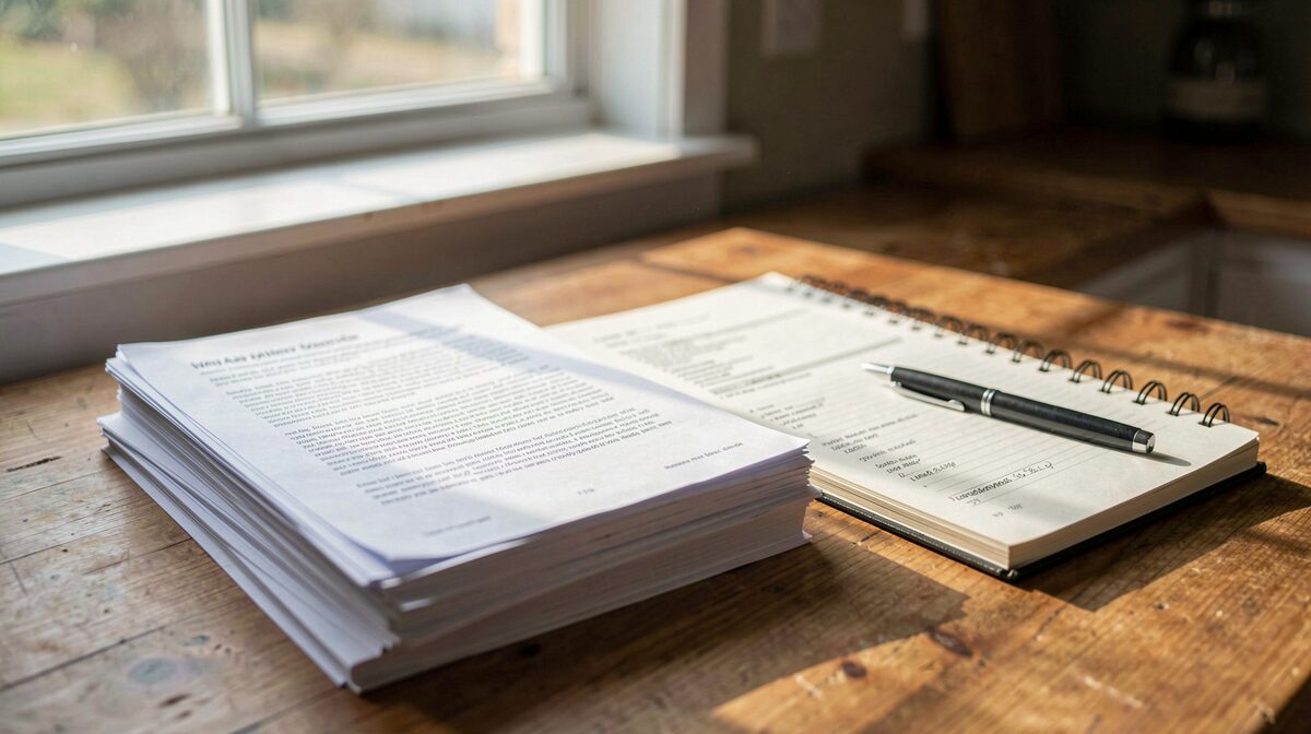 A stack of printed utility documents and a notebook on a wooden kitchen table beside a window, morning light falling across the pages, close framing on an open article and a pen.