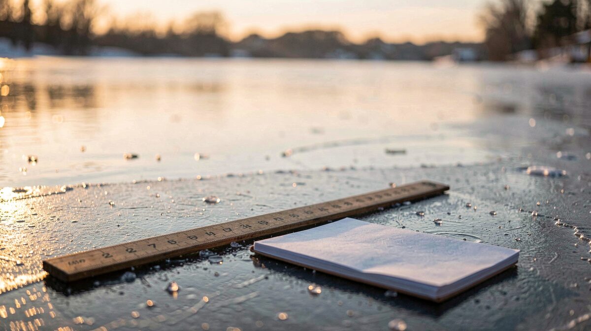 A frozen lake shore at dawn, a wooden ruler and notebook resting on the ice near the waterline, low golden light, close framing.