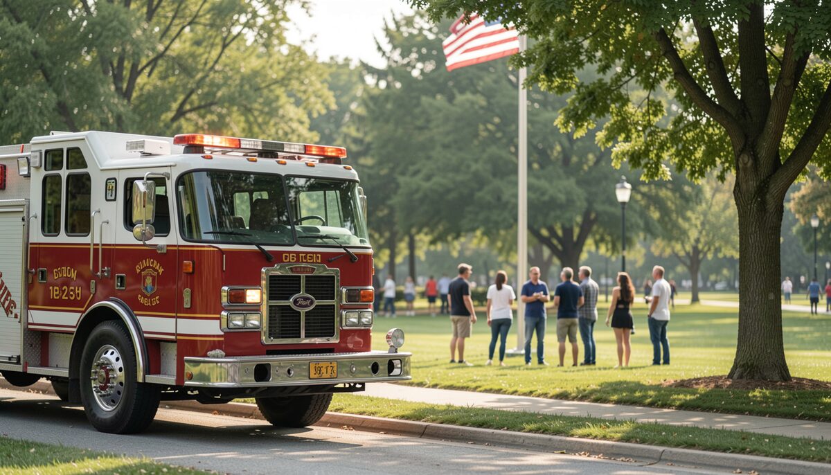 A fire engine parked at the edge of a public park while attendees gather near a flagpole in the background.