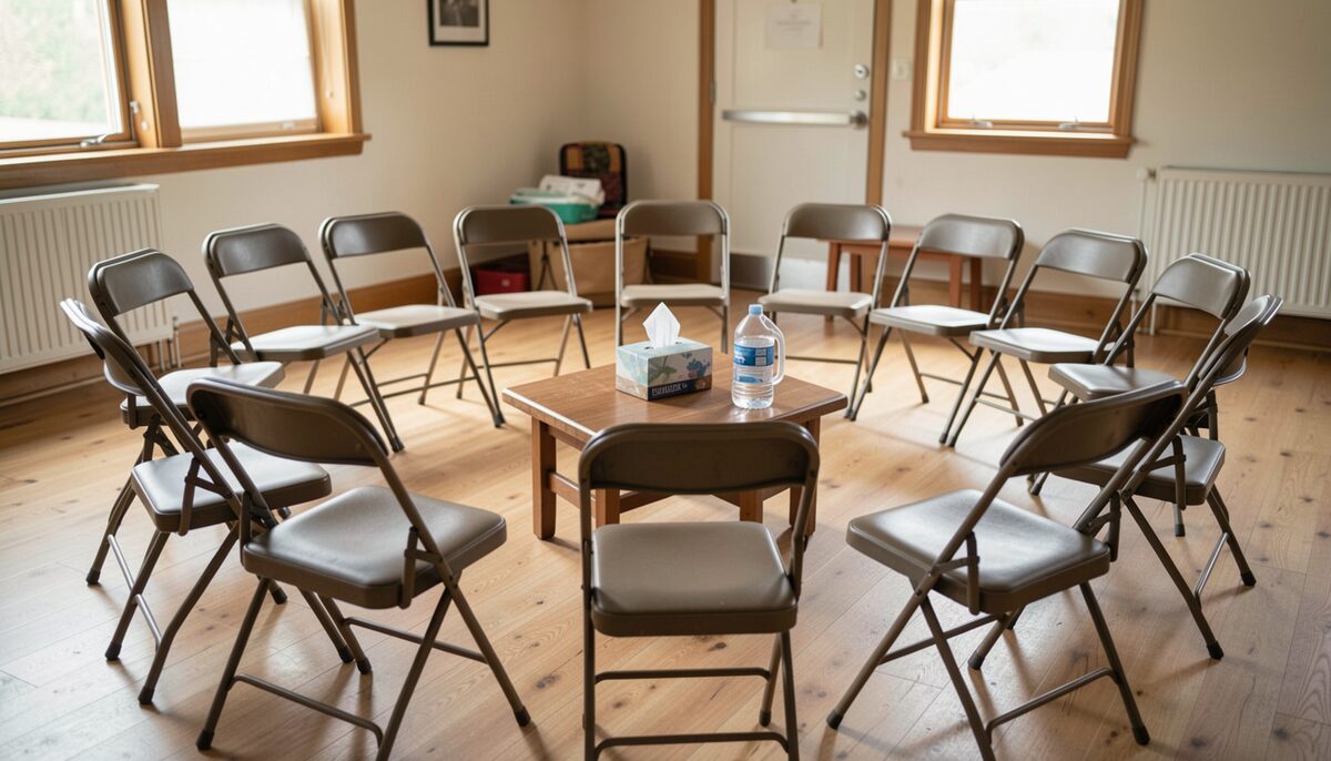 A circle of folding chairs in a community hall with a low table holding a tissue box and a water jug.