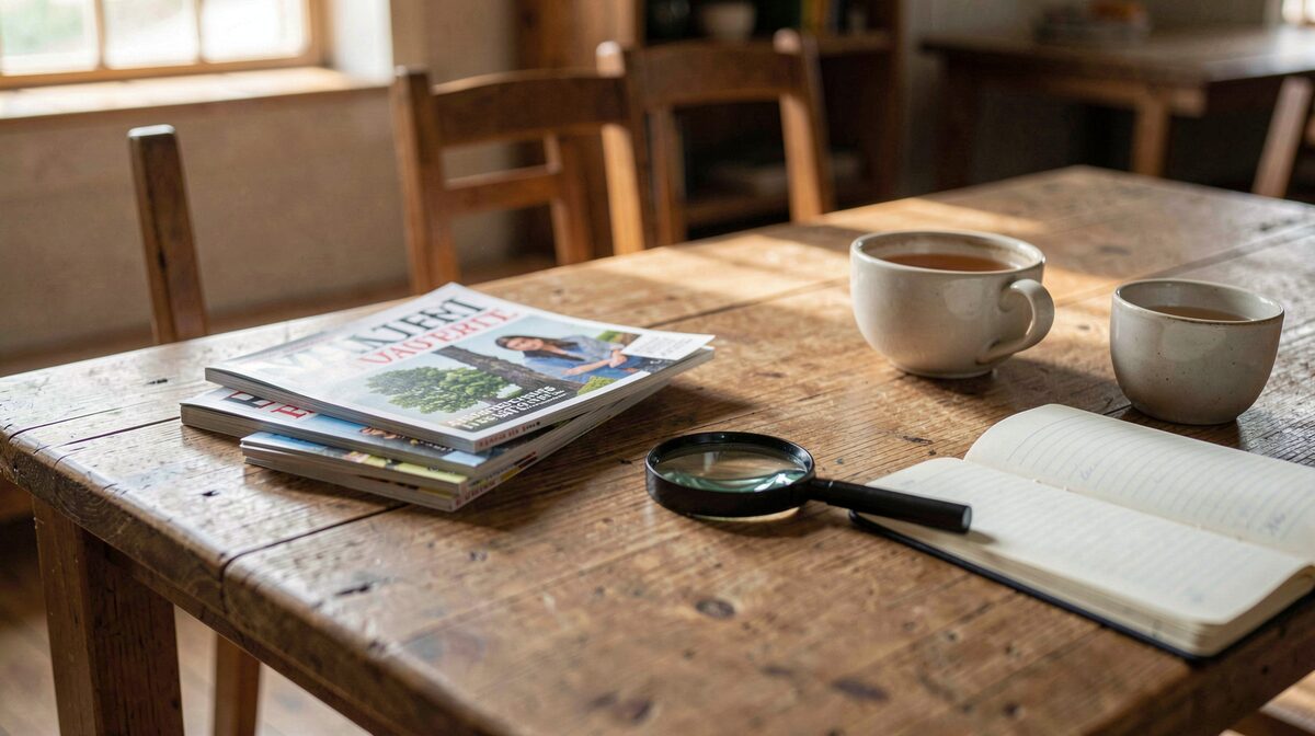 A wooden community hall table in soft morning light, with a stack of small independent magazines, a magnifying glass, and an open notebook beside a cup of tea.