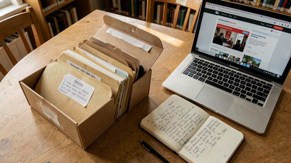 A library reading room table in soft morning light, with an open archive box of folders, a laptop showing an archived webpage, and a notebook of handwritten citations, framed as a close overhead shot.