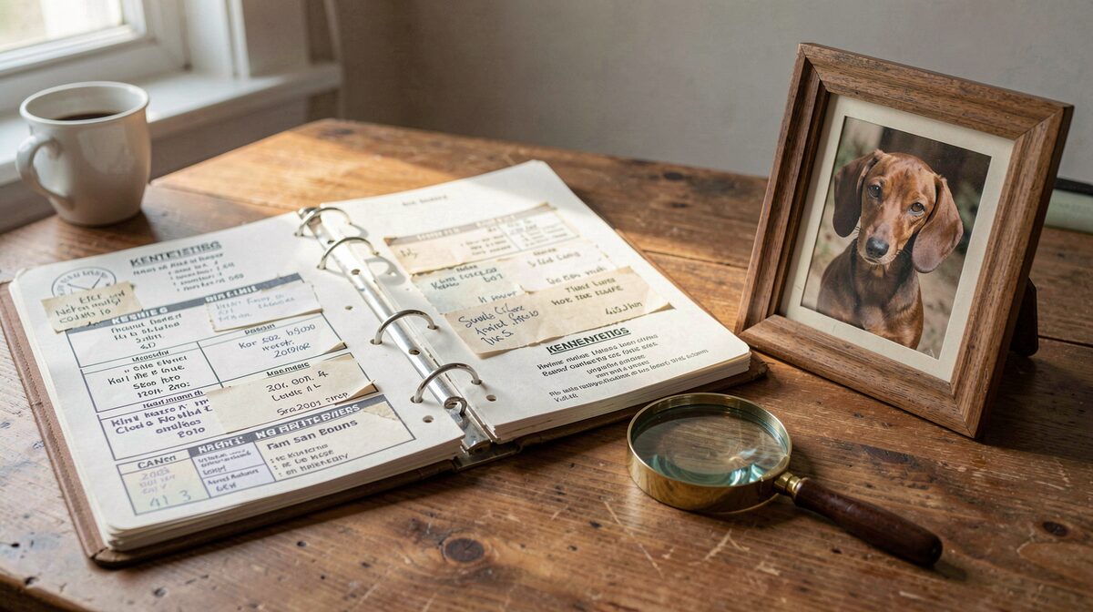 A wooden desk in soft morning light with an open ring binder of dated kennel notices, a magnifying glass and an old photograph of a small dachshund, framed close.