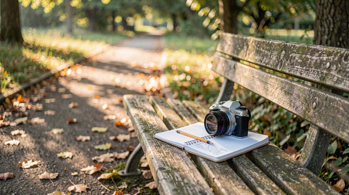 A wooden park bench beside a leafy footpath in soft morning light, with a notebook, pencil and camera resting on the seat, framed in close-up.