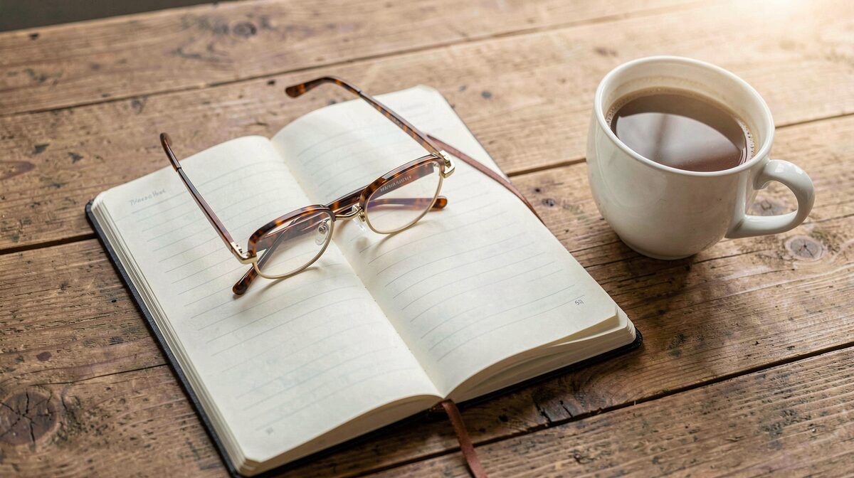 A well-lit wooden desk with an open notebook, a pair of reading glasses, and a cup of coffee, photographed from above in soft morning light.