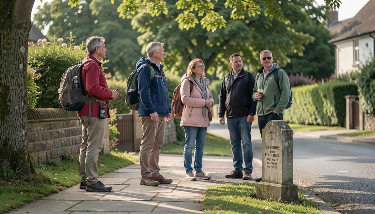 A group of walkers pausing on a pavement beside a small stone marker in a leafy neighbourhood.