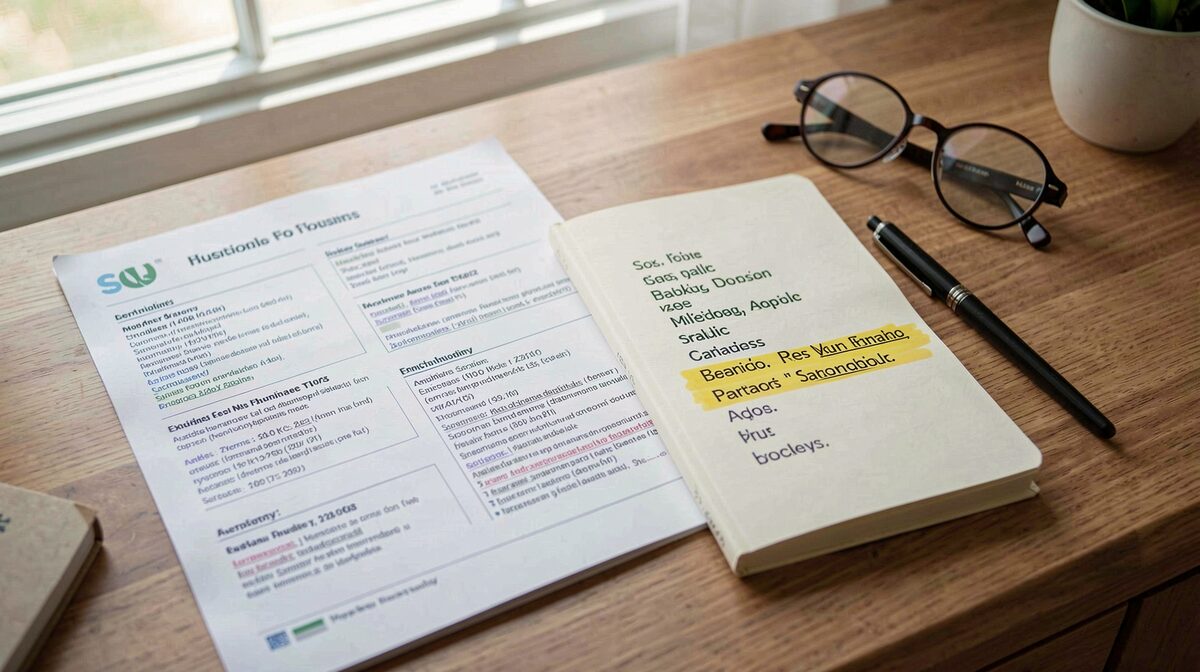 A tidy desk with printed housing listings, a highlighted Spanish-English vocabulary notebook, and reading glasses in soft afternoon window light, shot from above.