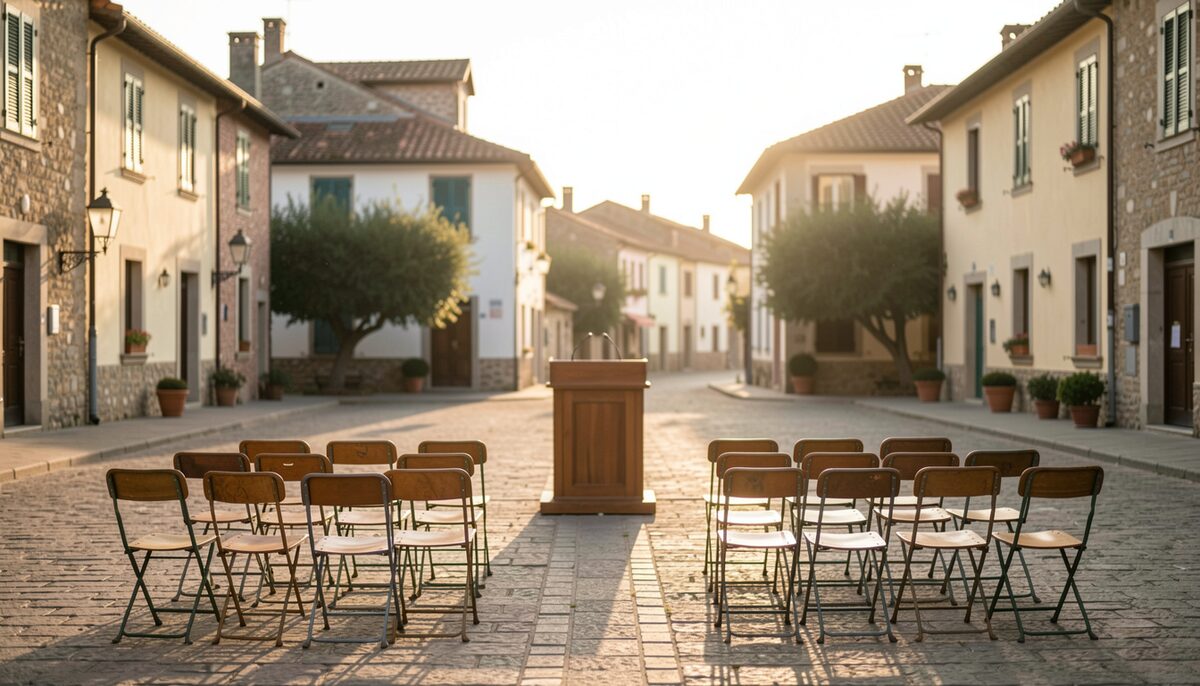 A small town square with folding chairs arranged in rows before a simple podium at sunrise.