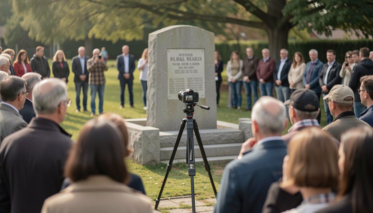 A tripod mounted camera at the back of an outdoor crowd facing a covered memorial stone.