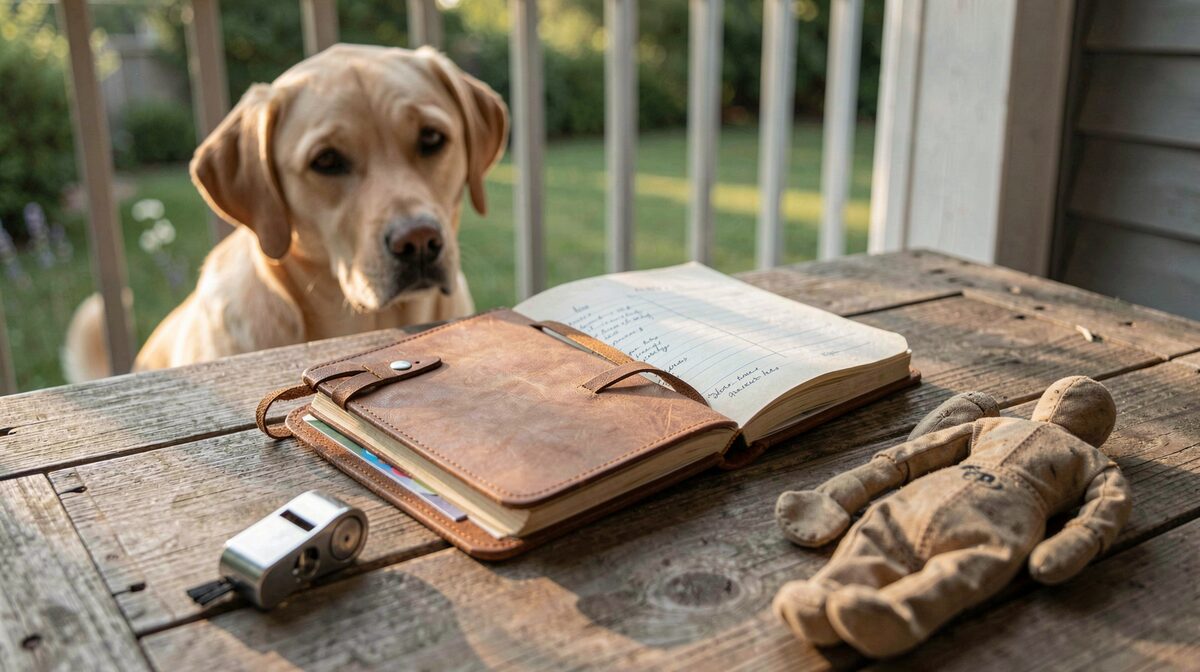 A leather-bound training notebook lying open on a wooden porch table beside a whistle and two canvas dummies, with a labrador waiting in soft morning light.