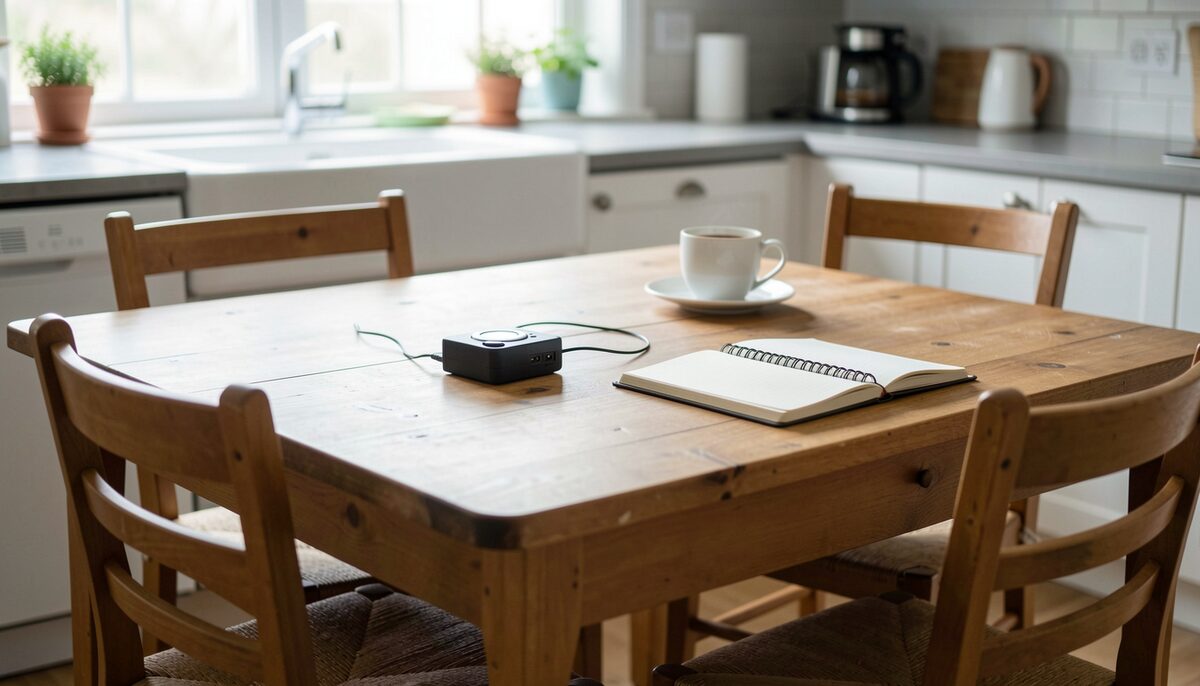 A kitchen table with a compact audio recorder, two chairs, and a notebook open beside a cup of coffee in daylight.