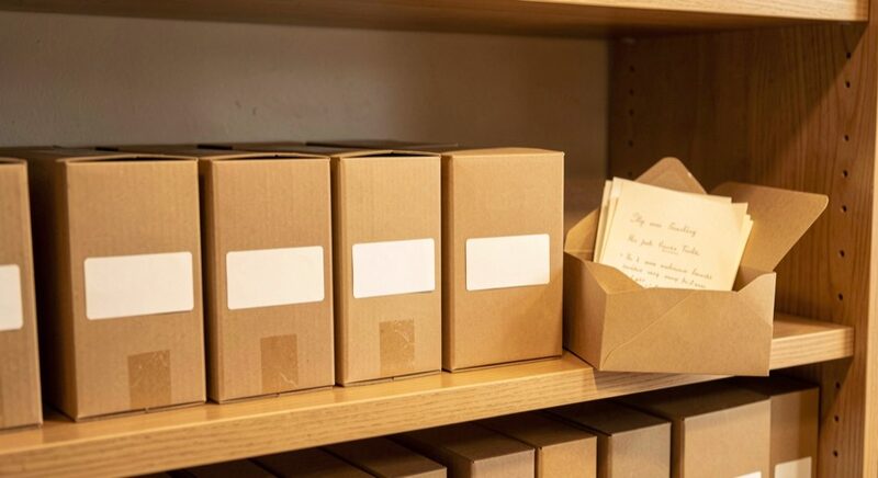 A shelf of plain archival boxes with blank white label holders and an open envelope holding folded letters, warm light