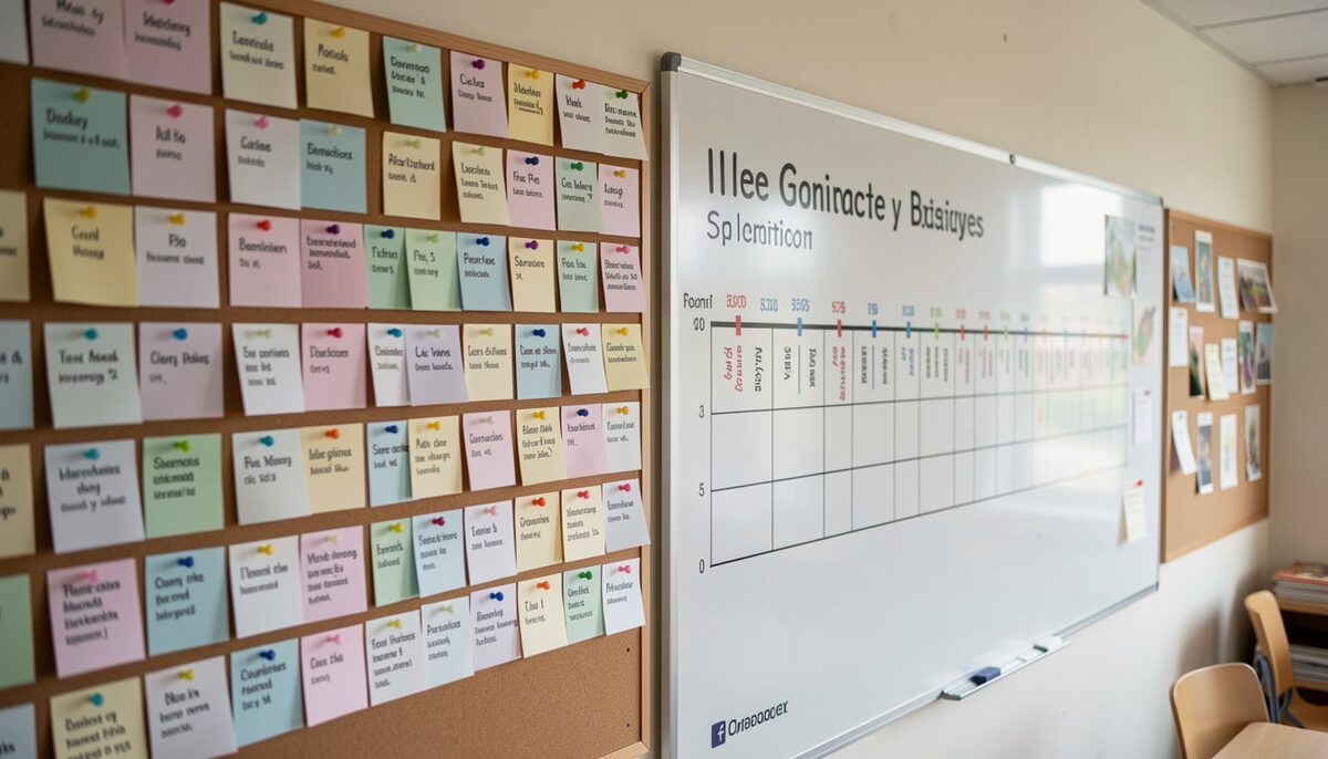 A classroom wall display of student index cards pinned beside a large printed timeline.